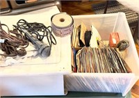 File Box with 100's 45 rpm records & microphone