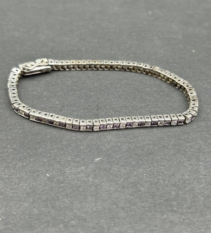 .925 Sterling Silver Clear & Purple Stone Bracelet