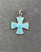 Small Vintage Blue Enamel Religious Cross Pendant