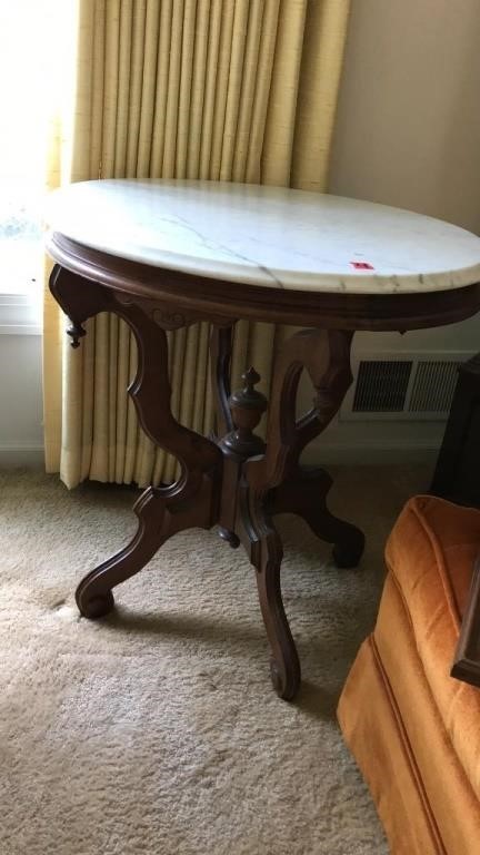VICTORIAN OVAL MARBLE TOPPED WALNUT PARLOR TABLE