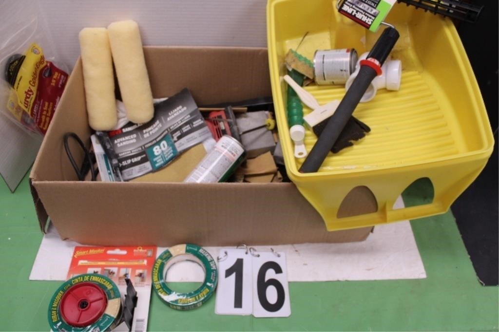 Box of Painting Supplies & Sand Paper