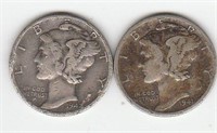 2 Mercury Dimes, 90% Silver US coins