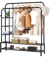 JOISCOPE, DOUBLE ROD GARMENT RACK WITH SHELVES,