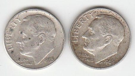 2 Roosevelt Dimes, 90% Silver US coins