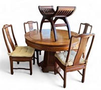 Asian Wood Round Table, 4 Chairs, plus Slat Bench.