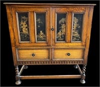 Carved Oak Cabinet w/ Asian Painted Panels.