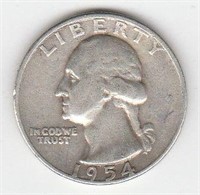 1954 D 90% Silver US Washington Quarter