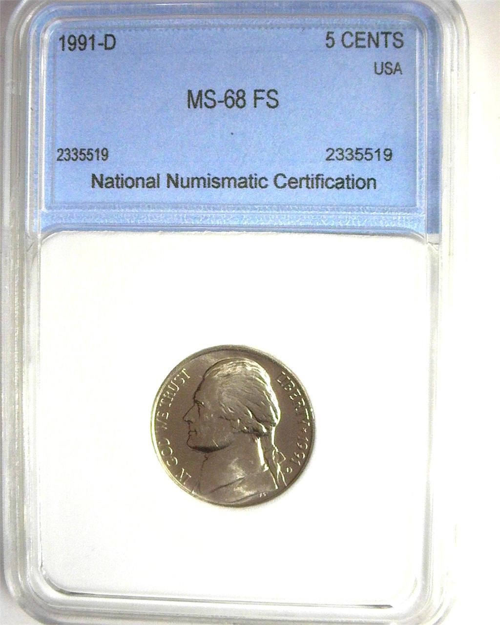 1991-D Nickel MS68 FS LISTS $3000 IN 67FS