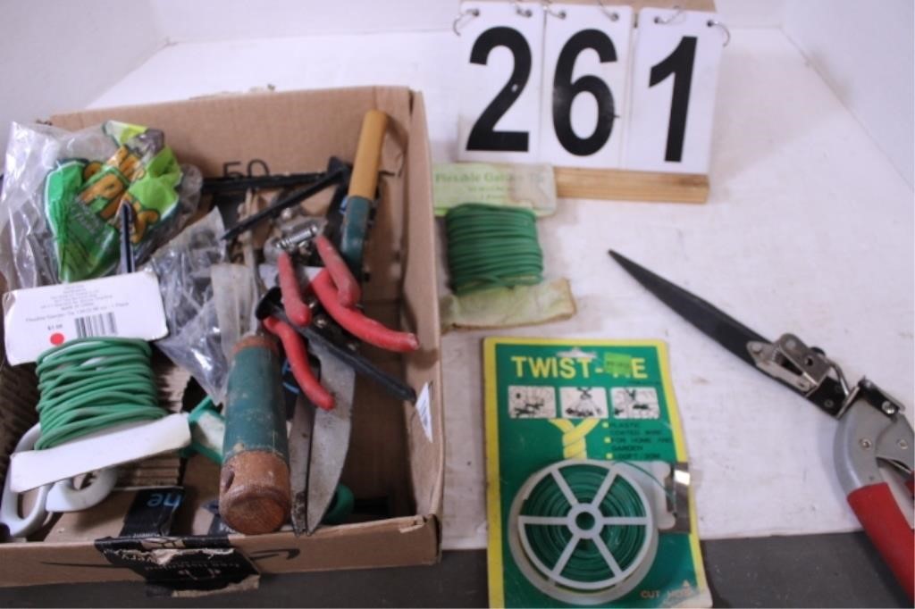 Box W/ Assorted Tools - Twist Ties - Garden String