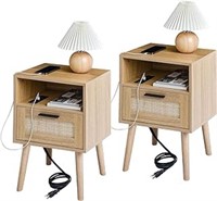 Labcosi Rattan Nightstand With Charging Stantion,