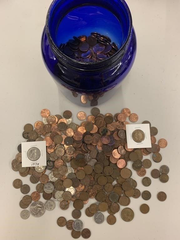 Group coins, mostly pennies, some wheat in cobalt