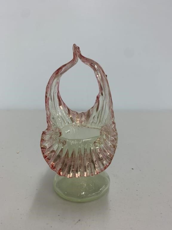 Cranberry uranium art glass basket - Stevens &