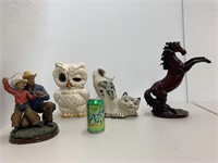 4 vintage sculptures - owl coin bank, Mexico