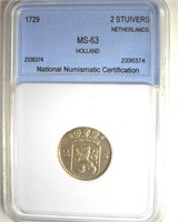 1729 2 Stuivers NNC MS63 Holland Netherlands