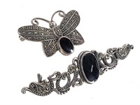 Onyx & Marcasite Pins Brooches15.3g TW
