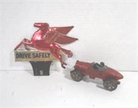 Vtg Small Cast Iron Race Car and Pegasus Sign