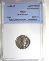 128-147 AD Mithradates V NNC AU55 AR Drachm