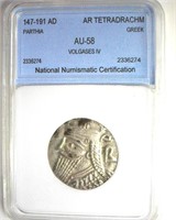 147-191 AD Greek NNC AU58 AR Tetradrachm