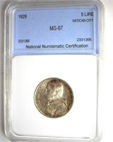 1929 5 Lire NNC MS67 Vatican City