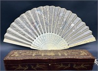 Chinese Silk Embroidered Hand Fan w/ Carved Bone