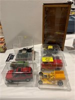 7 PLASTIC MODEL CARS & CASES, HOMEMADE WOODEN