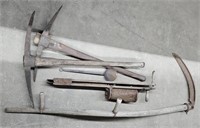 (F) Lot Of Antique Tools: Scythe, Two Pickaxes,