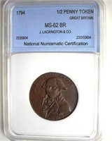 1794 1/2 Penny Token NNC MS62BR J Lackington & Co.