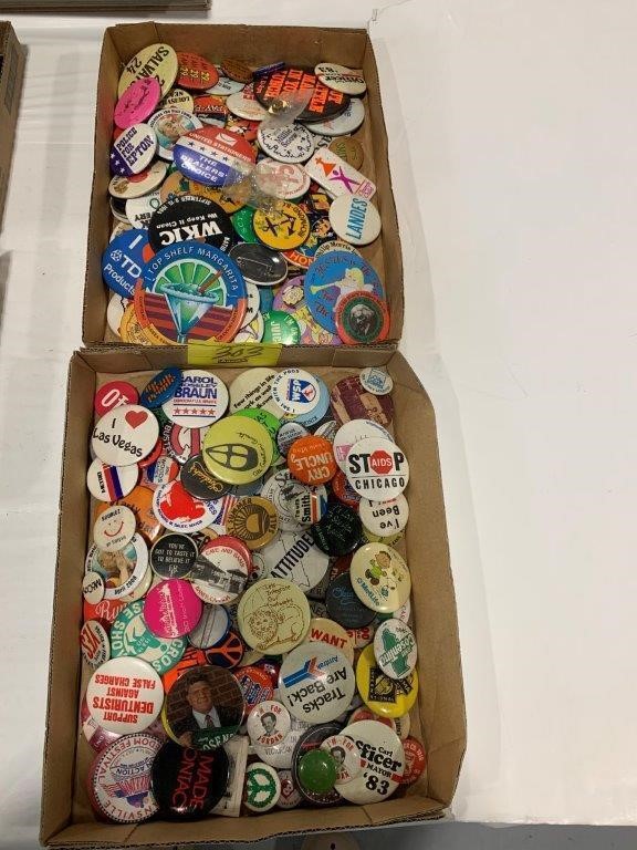 2 FLATS OF NOVELTY PINBACK BUTTONS OF ALL KINDS