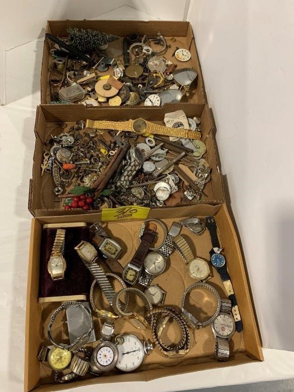 3 FLATS OF ANTIQUE WATCHES, WATCH PARTS, SMALL