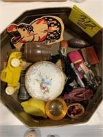 TIN OF ANTIQUE SMALL COLLECTIBLES OF ALL KINDS