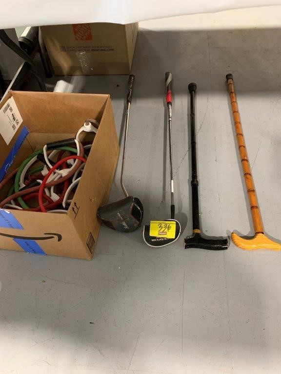 GOLF CLUBS, WOODEN CANES, BOX OF STRETCHING BANDS