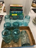 GROUP OF BLUE GLASS CANNING JARS, STACK OF