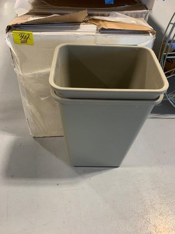 2 CASES OF ARMSTRONG TILES, PLASTIC TRASHCANS