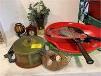 METAL CAKE TAKER, SLEDS, TENNIS RACKETS, CANDLES,