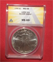 1990 Silver Eagle Dollar  MS69  ANACS