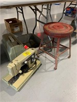 ANTIQUE STOOL, SEARS KENMORE SEWING MACHINE,