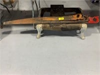 ANTIQUE STOVE BASE, 3 HAND SAWS