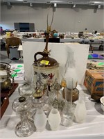 GROUP OF OIL LAMPS & SPARE GLASS SHADES, HAND
