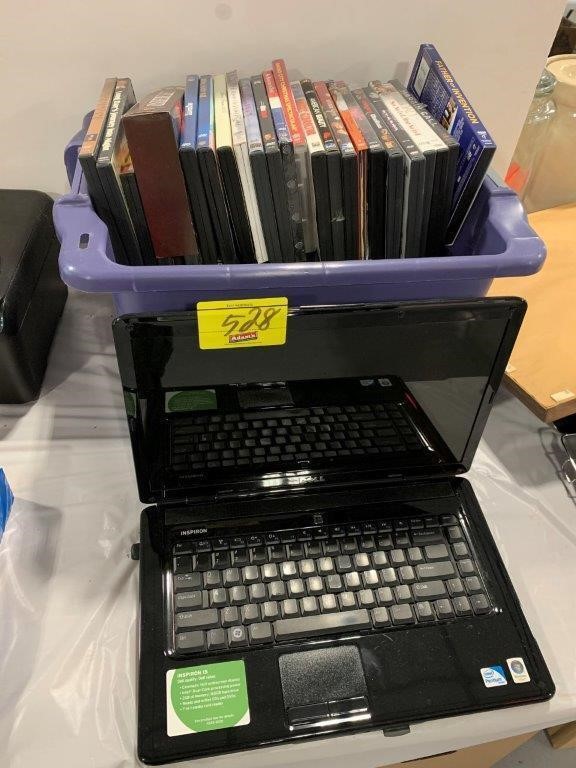 DELL UNTESTED LAPTOP (NO CORD), TUB OF DVDS OF