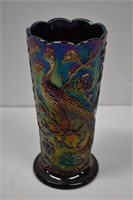 Vintage Blue Carnival Glass Peacock Vase