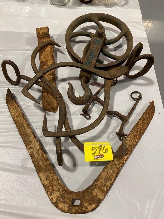 CAST IRON ICE TONGS, ANTIQUE PULLEY, CAST IRON