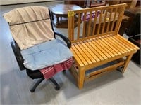 37" LONG WOODEN BENCH, ROLLING OFFICE CHAIR