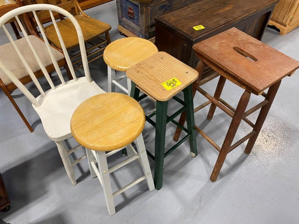 GROUP OF WOODEN STOOLS, WHITE PAINTED WOODEN