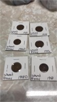 6 wheat pennies 1937-38-46D-46-48D-42