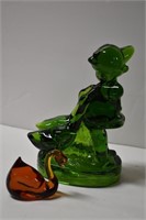 LE Smith Green Glass Girl w/Ducks, Glass Swan