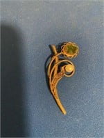 Gold with Green Stone and Pearl Flower Brooch