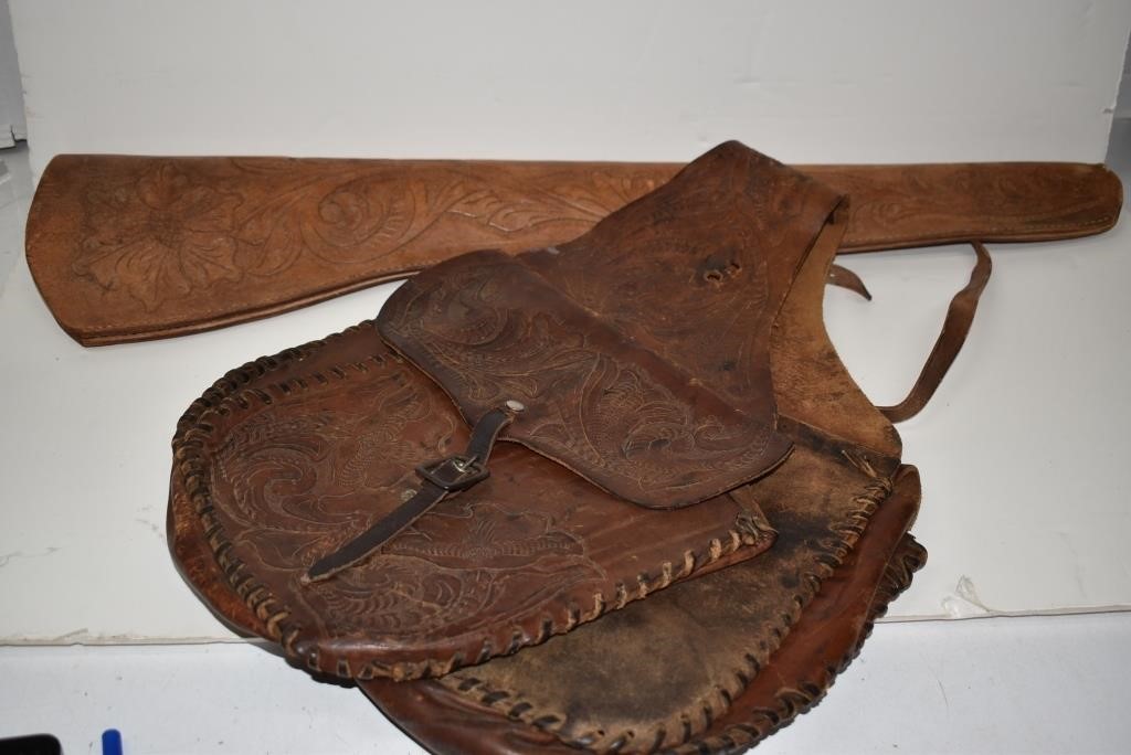 Vtg Leather Tooled Saddle Bags and Rifle Scabbard