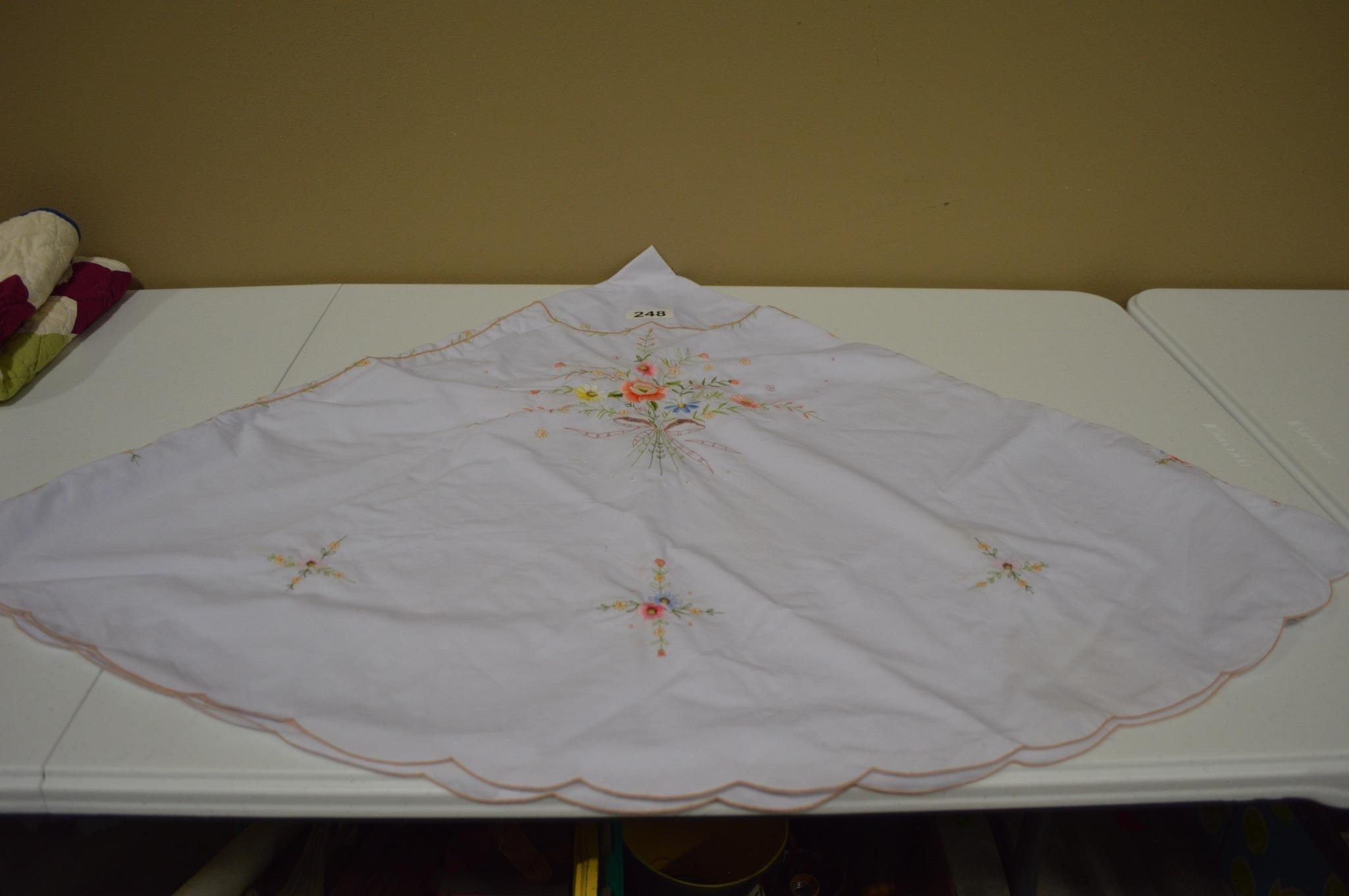 Vintage 62” round embroidered tablecloth