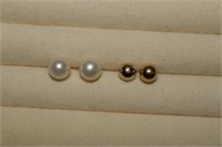 Two 14K Gold Pearl & Gold Ball Stud Earrings