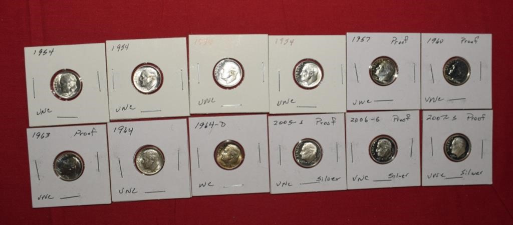 (12) Roosevelet Silver/Proof Dimes 1954-2007S Mix